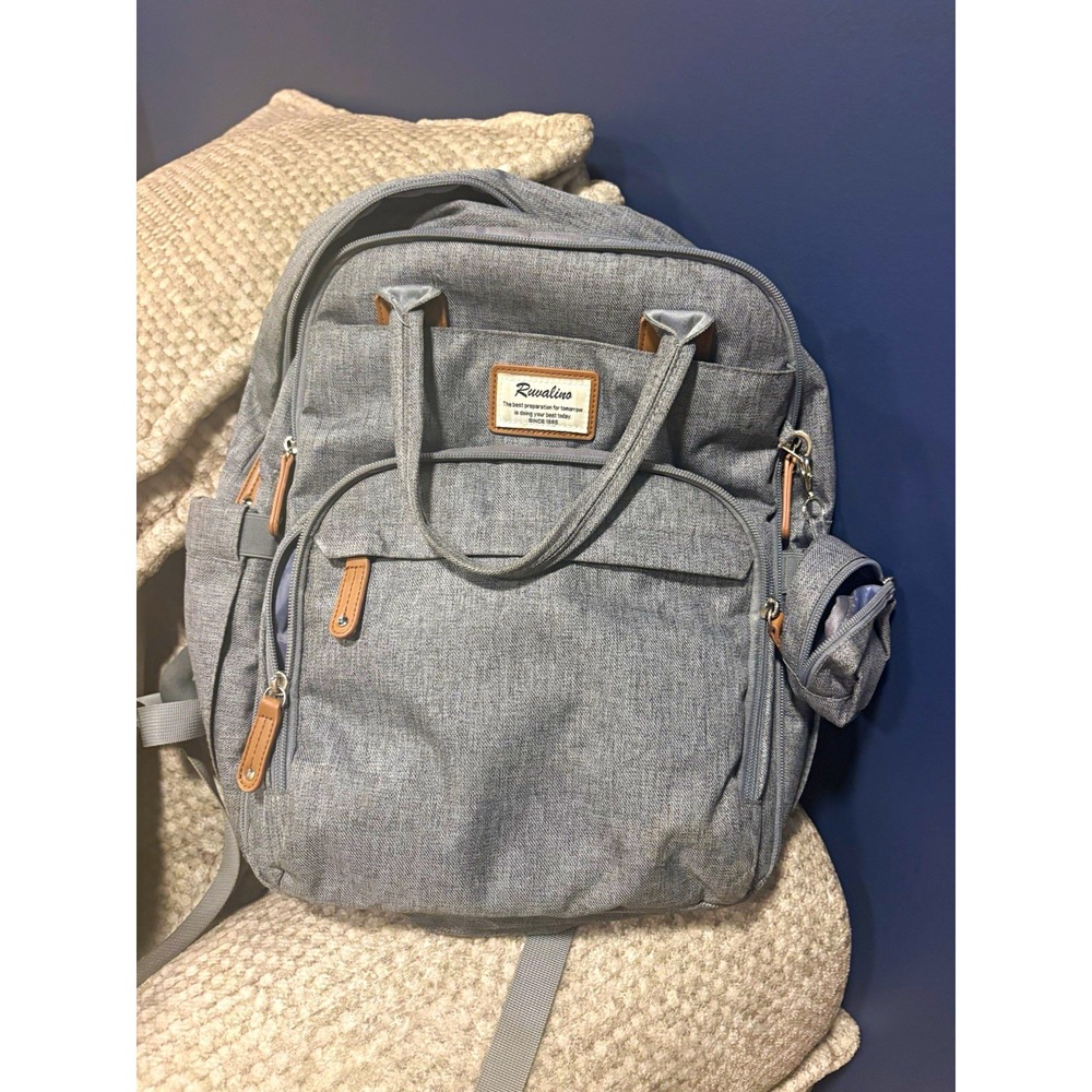Ruvalino Gray Diaper Bag Backpack w/ Top Handles, Outer & Side Bottle Pockets